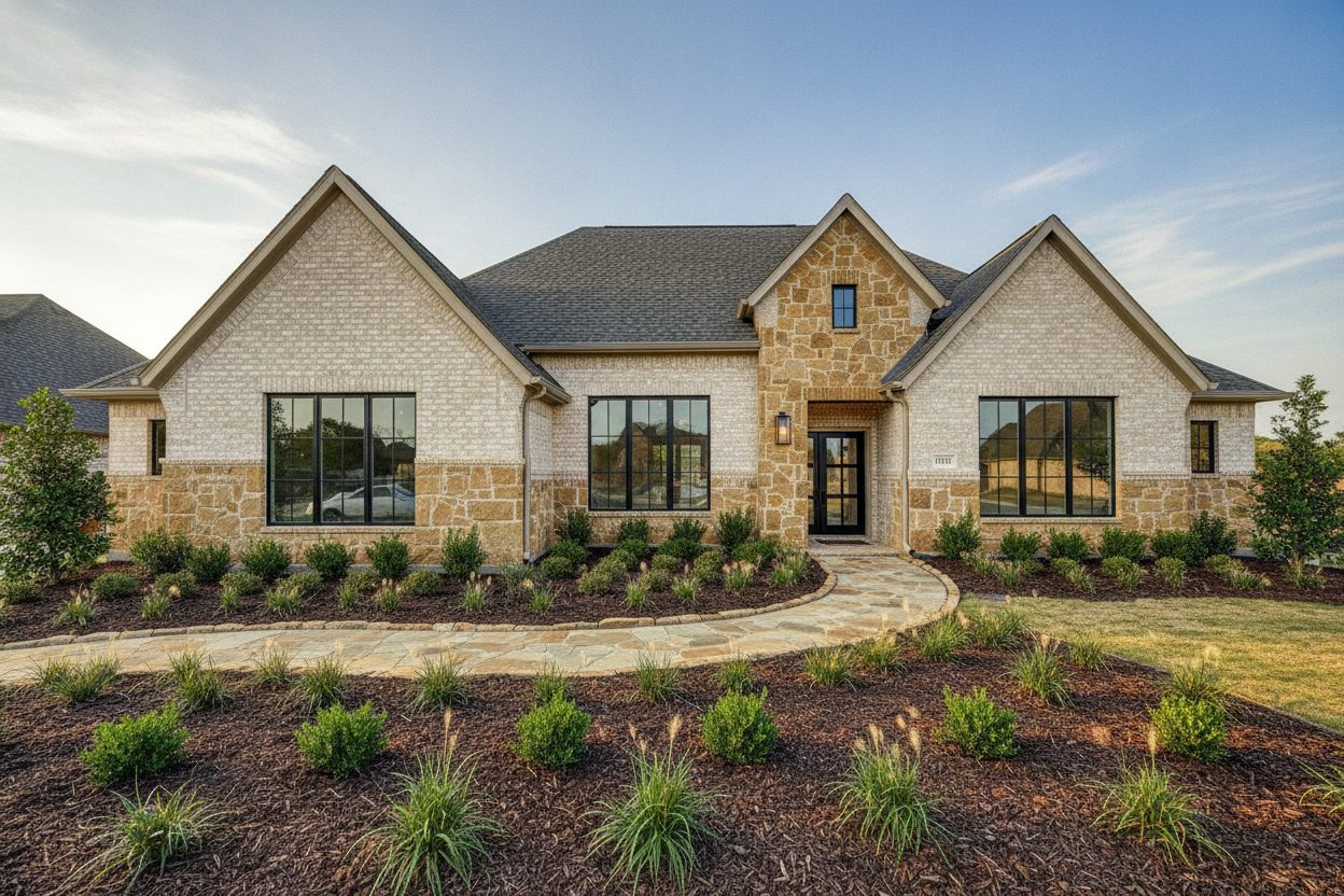 Upscale transitional Texas home with limestone and stone facade at morning light