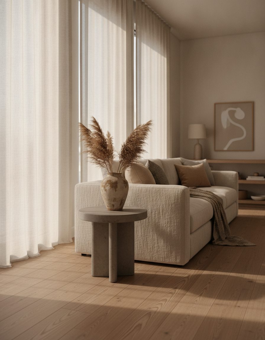 Sunlit living room with white oak floors and linen furnishings