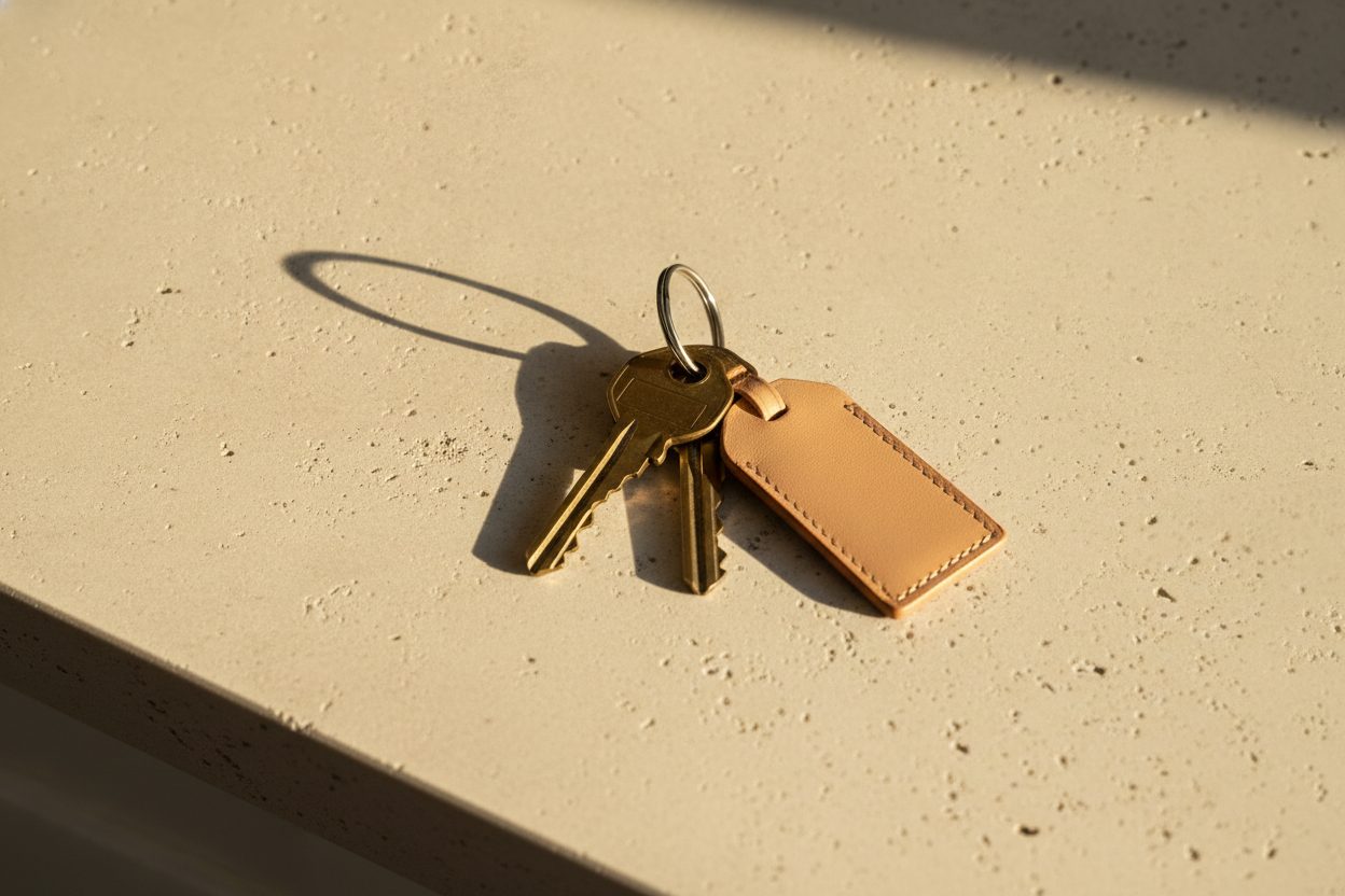 A set of house keys resting on a pale stone countertop in warm light